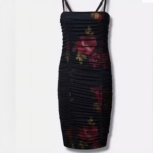 Torrid Womens Black Floral Mesh Marilyn Monroe Bodycon Dress Midi Shirred 1XL